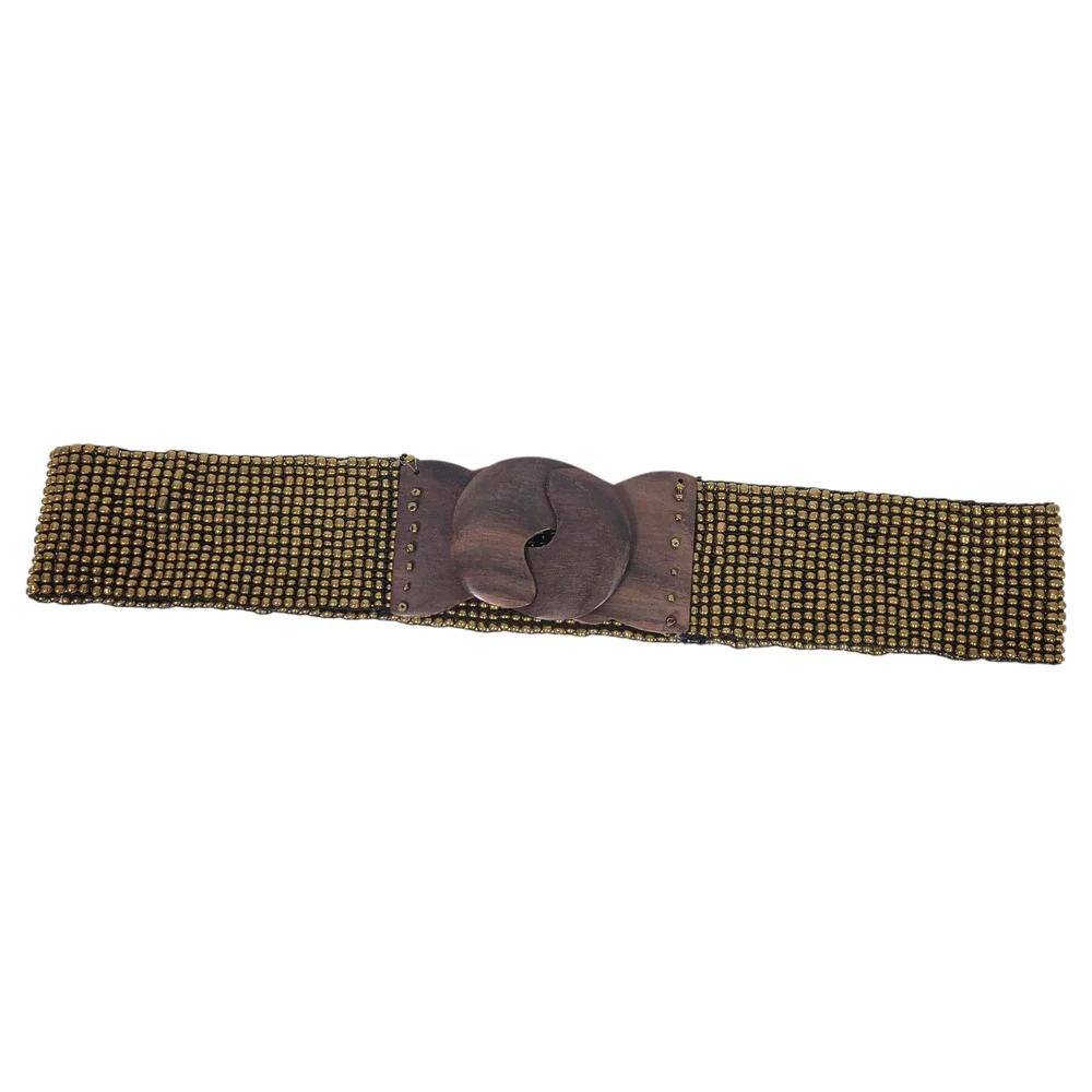 Beaded Cinch Belt Brown Stretchy Elastic Studs Waist Wooden Clasp Buckle Medium